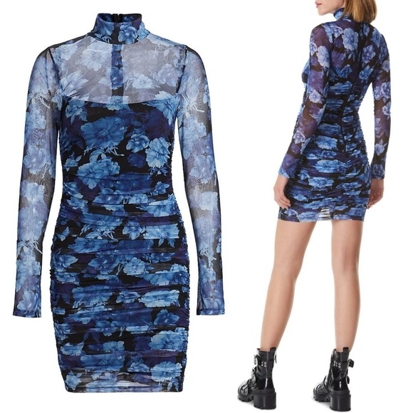 Alice + Olivia Delora Mesh Mini Dress in Dream Floral Royalty Print Blue 6 - Picture 3 of 11